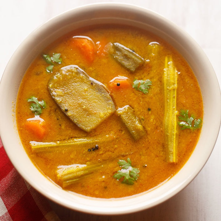 Trū Varutha (Roasted) Sambar (Lentil & Vegetable Stew)